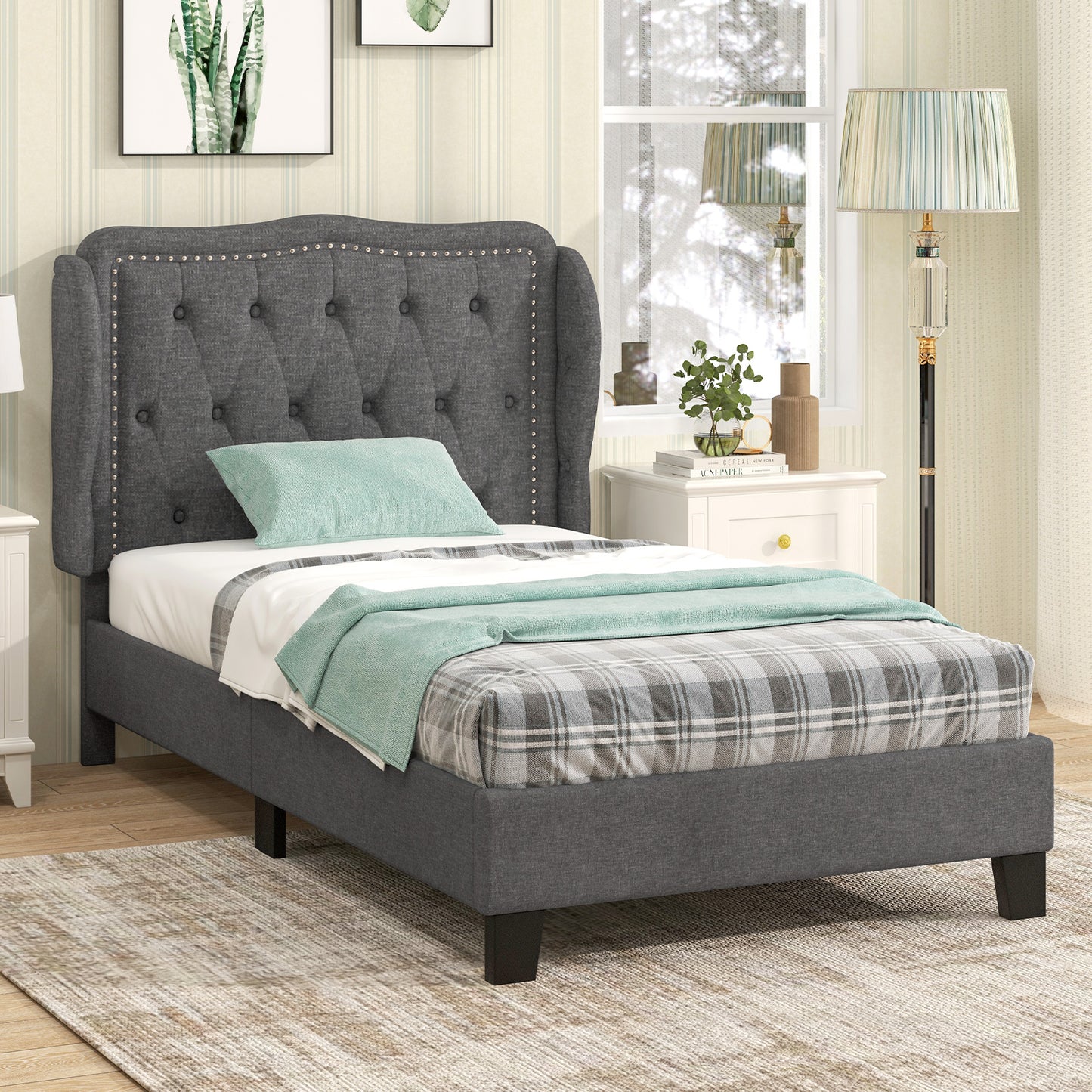 Twin Size Bed Frame with Button Tufted Wingback Headboard and Storage Space-Gray Kids Crystal