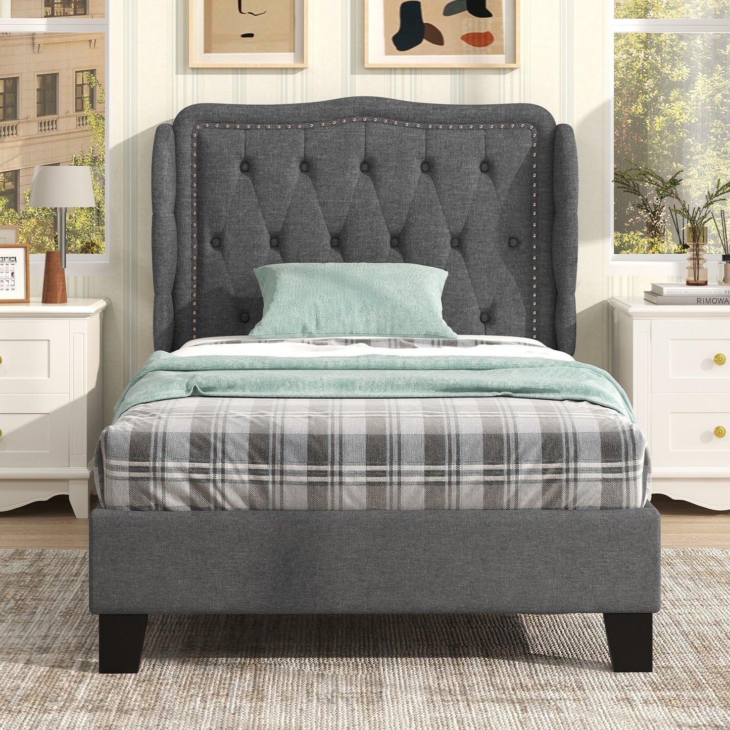 Twin Size Bed Frame with Button Tufted Wingback Headboard and Storage Space-Gray Kids Crystal