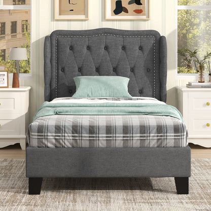 Twin Size Bed Frame with Button Tufted Wingback Headboard and Storage Space-Gray