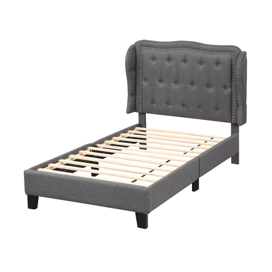 Twin Size Bed Frame with Button Tufted Wingback Headboard and Storage Space-Gray Kids Crystal