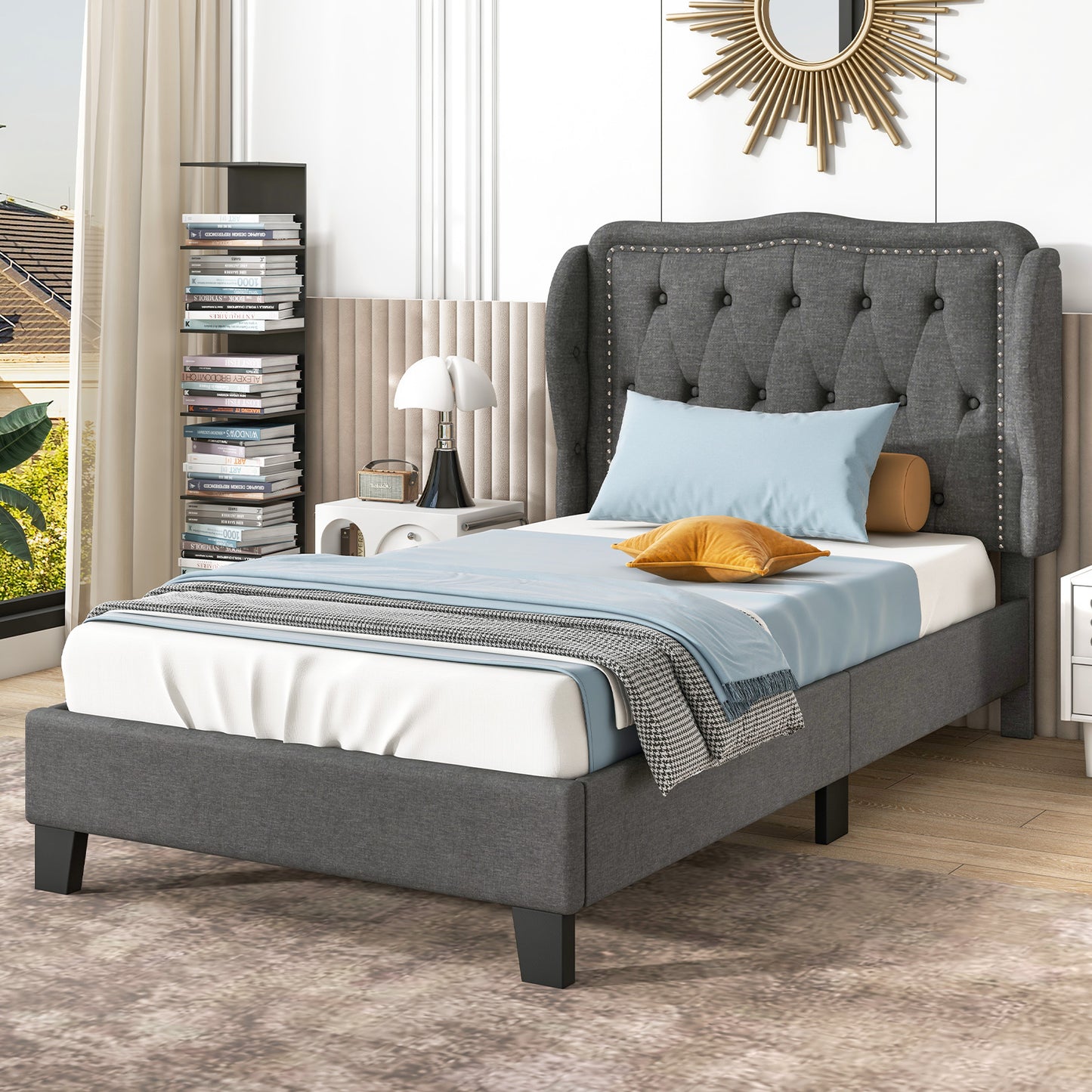 Twin Size Bed Frame with Button Tufted Wingback Headboard and Storage Space-Gray Kids Crystal