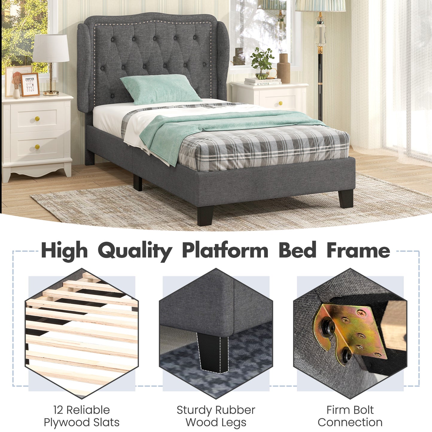 Twin Size Bed Frame with Button Tufted Wingback Headboard and Storage Space-Gray Kids Crystal