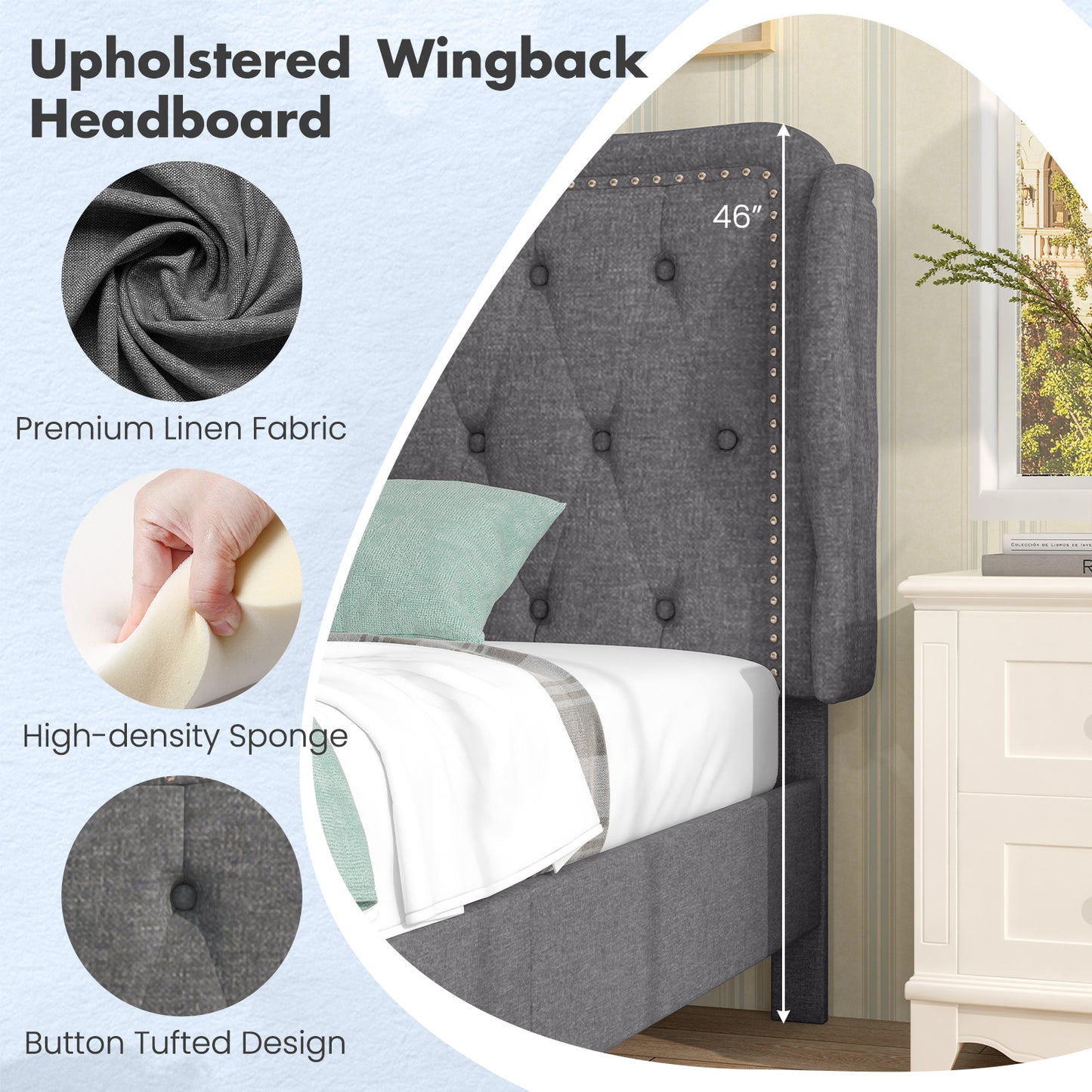 Twin Size Bed Frame with Button Tufted Wingback Headboard and Storage Space-Gray Kids Crystal