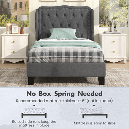 Twin Size Bed Frame with Button Tufted Wingback Headboard and Storage Space-Gray