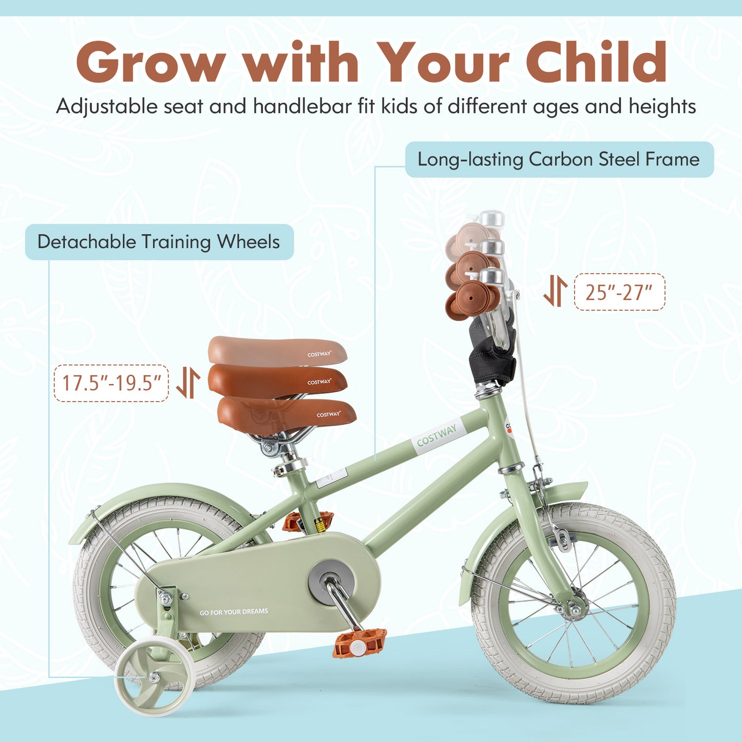 Kids Bike with Adjustable Handlebar and Saddle Green-12 Inches Kids Crystal