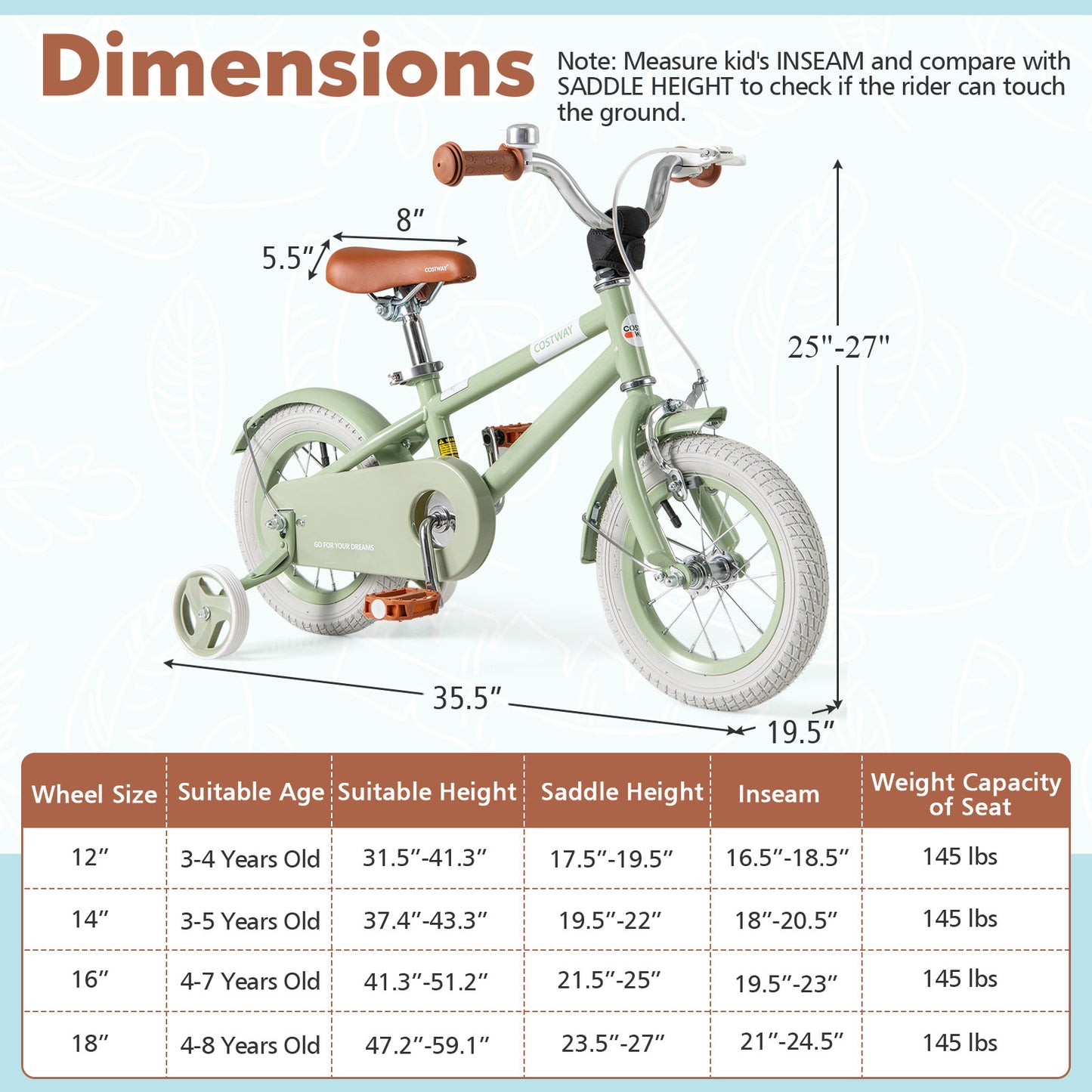 Kids Bike with Adjustable Handlebar and Saddle Green-12 Inches Kids Crystal