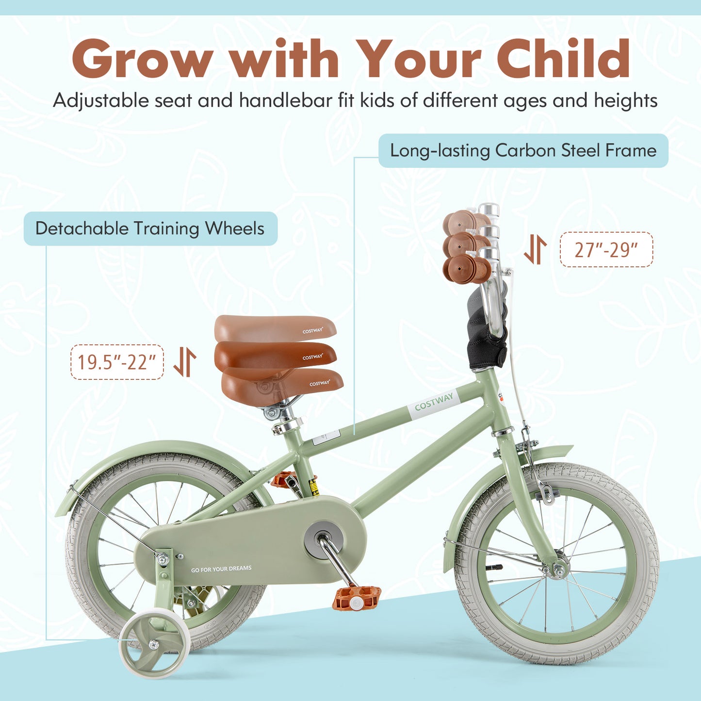 Kids Bike with Adjustable Handlebar and Saddle Green-14 Inches Kids Crystal