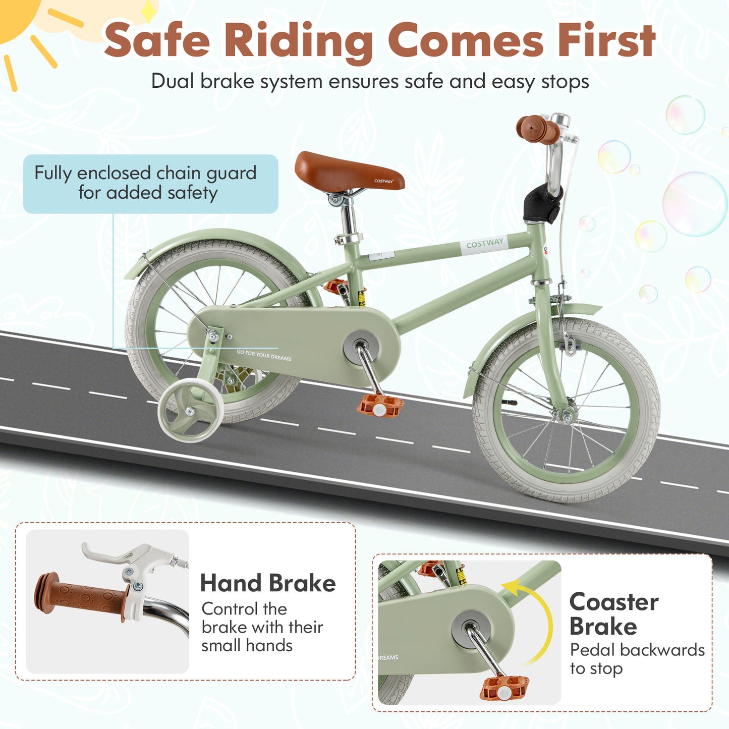 Kids Bike with Adjustable Handlebar and Saddle Green-14 Inches Kids Crystal