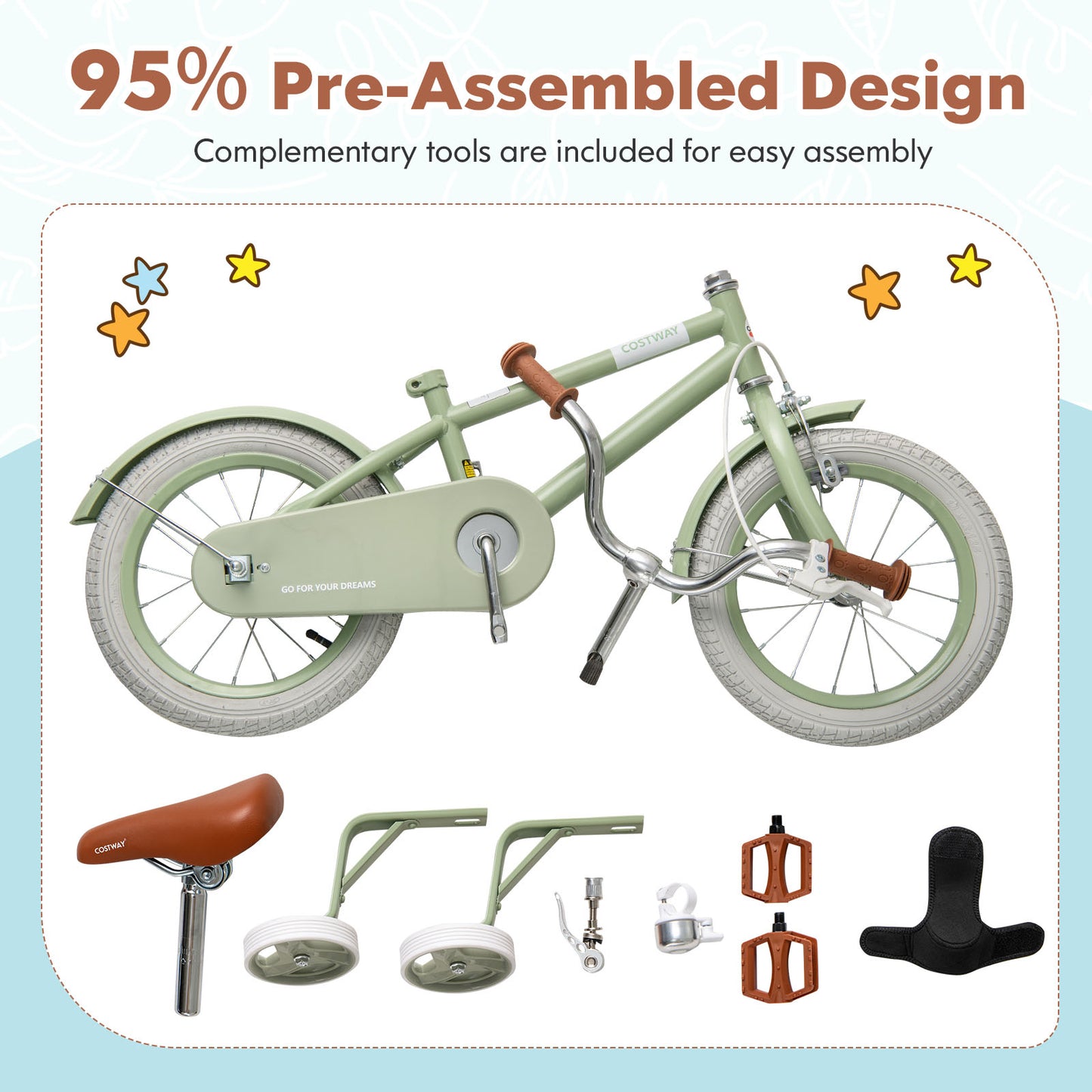 Kids Bike with Adjustable Handlebar and Saddle Green-14 Inches Kids Crystal