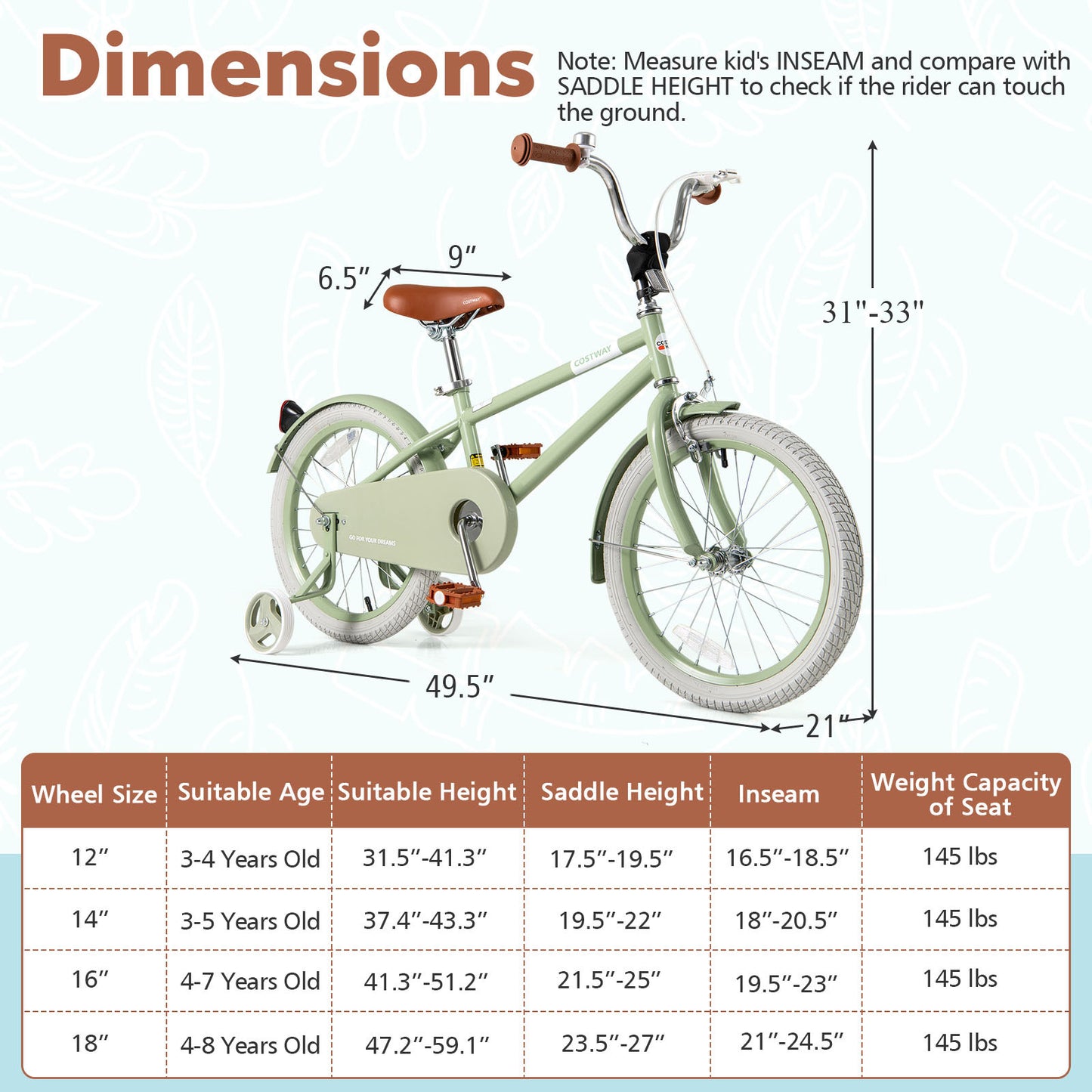 Kids Bike with Adjustable Handlebar and Saddle Green-18 Inches Kids Crystal