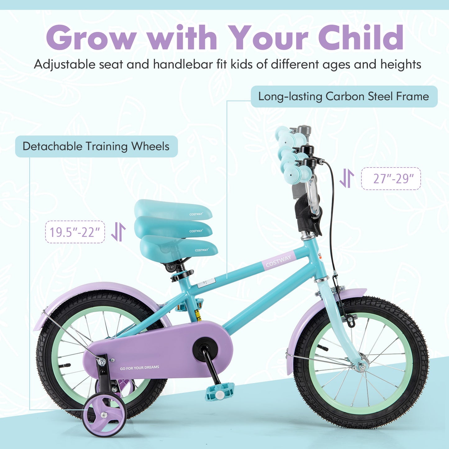 Kids Bike with Adjustable Handlebar and Saddle Purple-14 Inches Kids Crystal