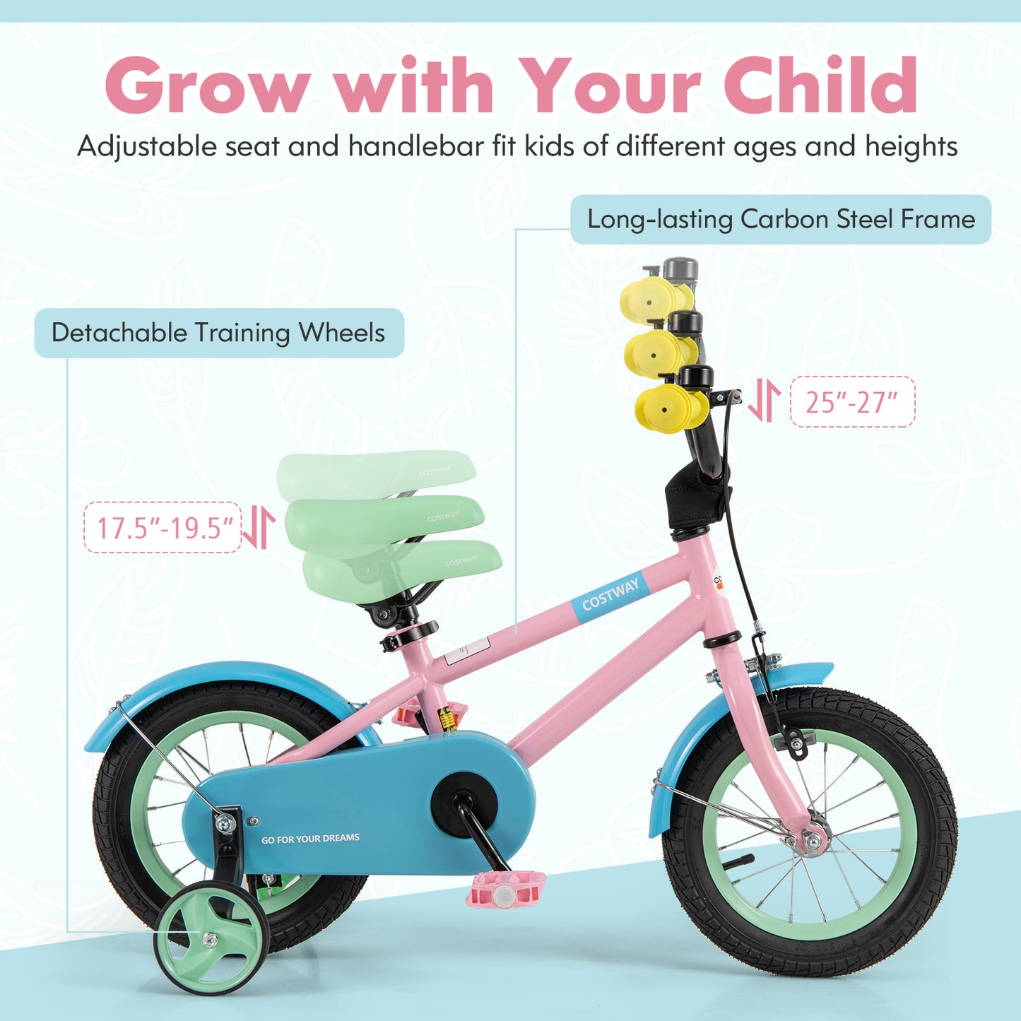 Kids Bike with Adjustable Handlebar and Saddle Pink-12 Inches Kids Crystal