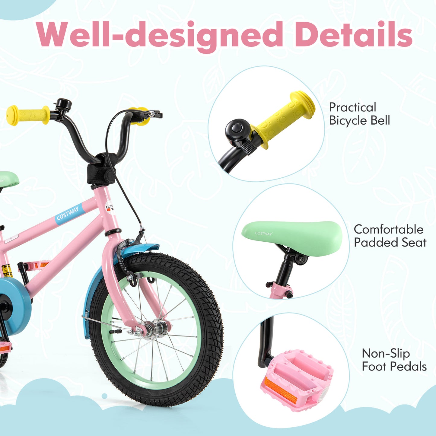 Kid's Bike with Adjustable Handlebar and Saddle Pink-14 Inches Kids Crystal