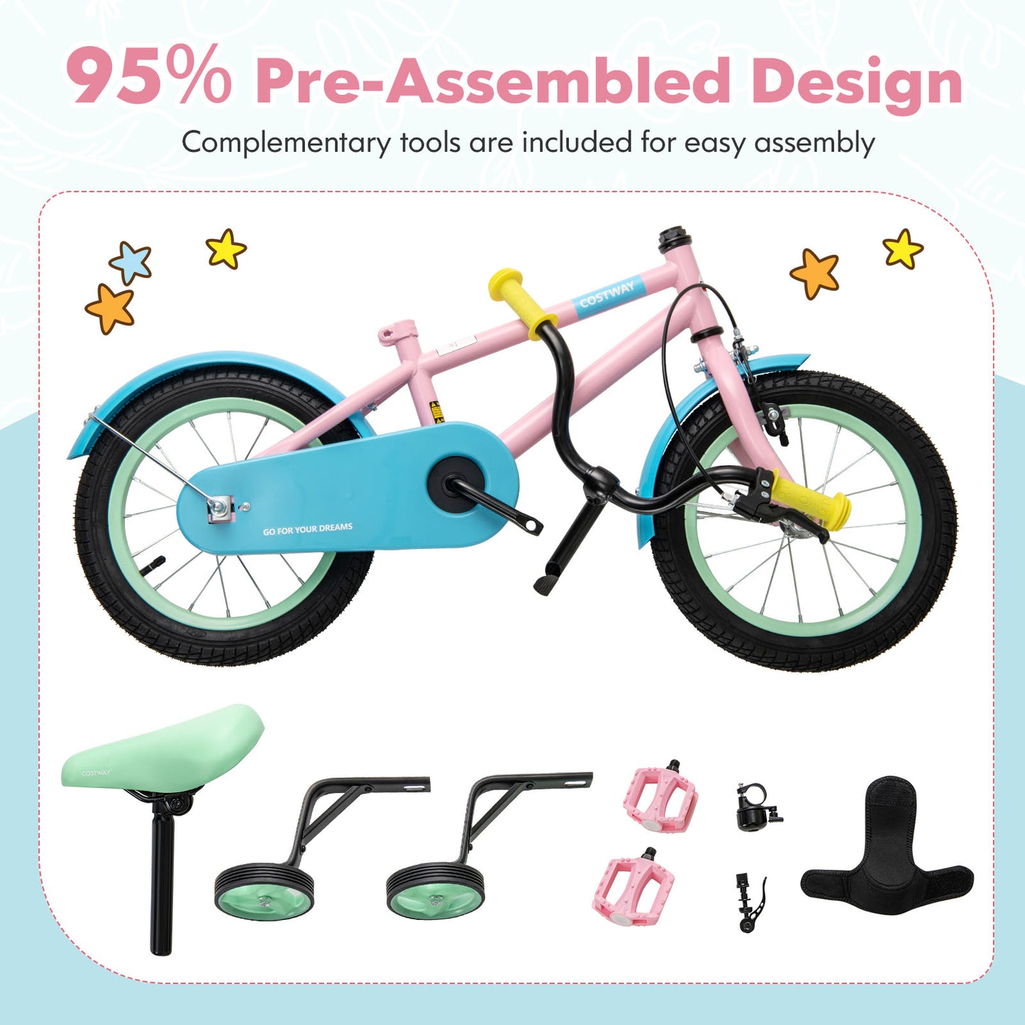 Kid's Bike with Adjustable Handlebar and Saddle Pink-14 Inches Kids Crystal