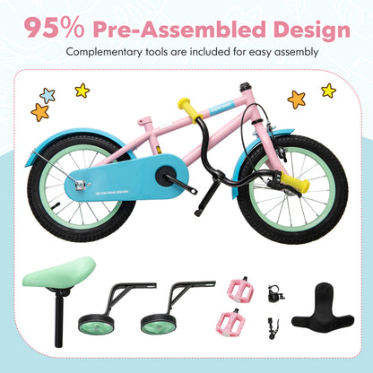 Kid's Bike with Adjustable Handlebar and Saddle Pink-14 Inches