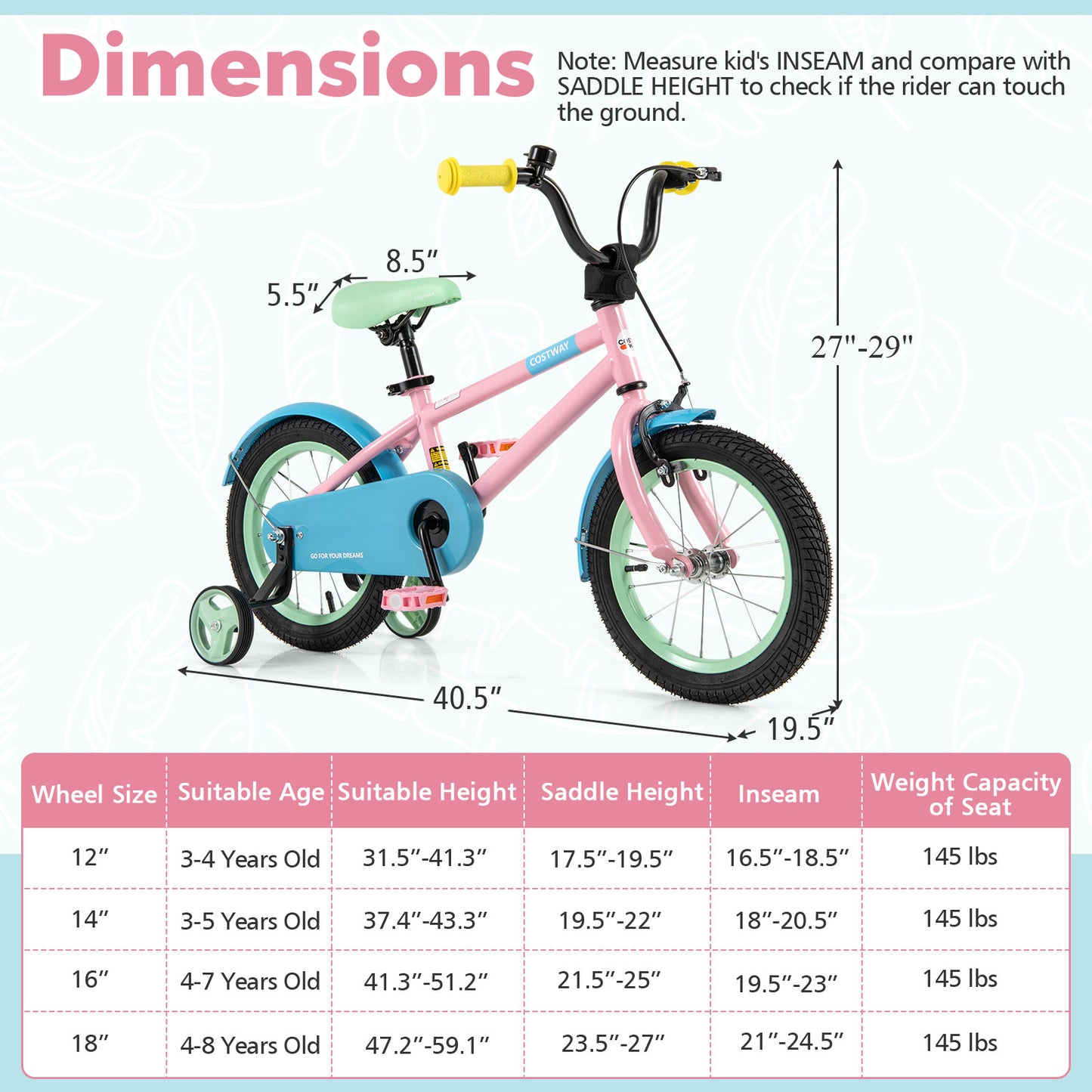 Kid's Bike with Adjustable Handlebar and Saddle Pink-14 Inches Kids Crystal
