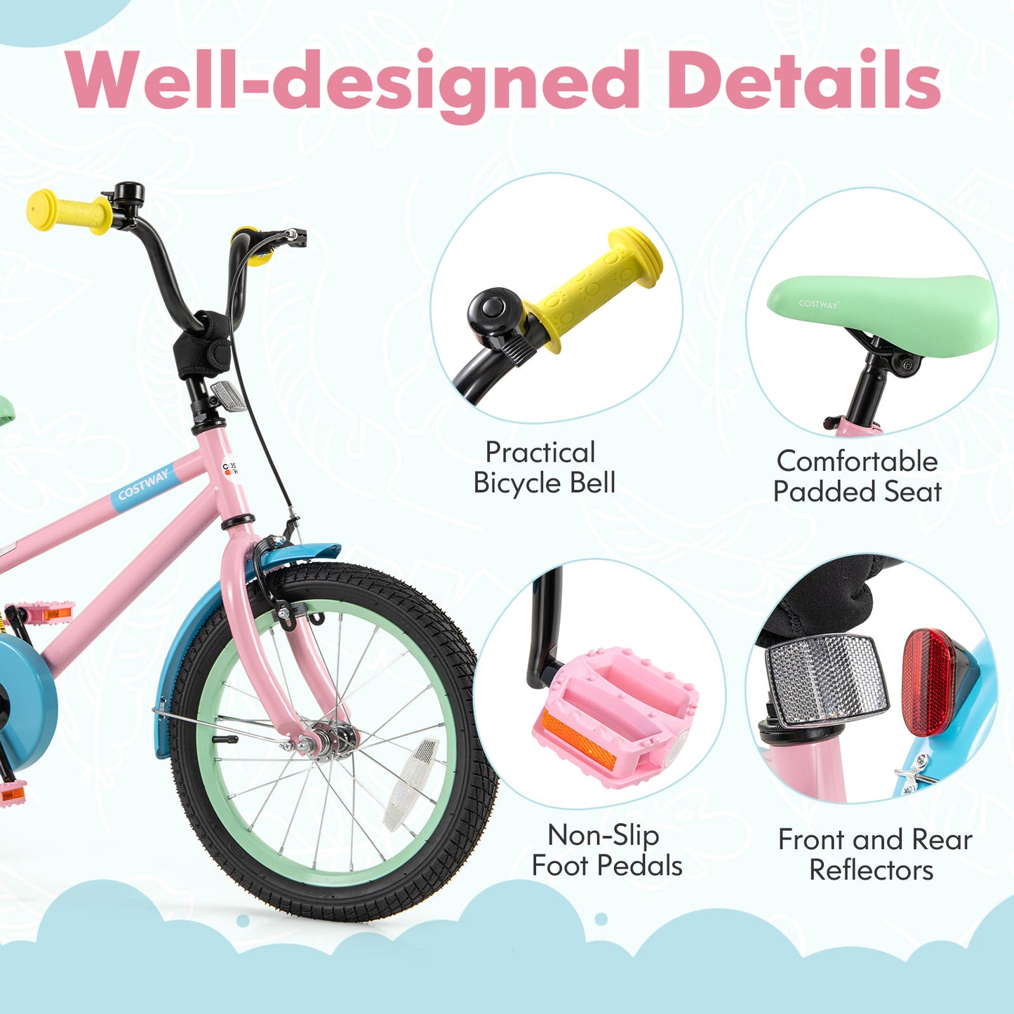 Kids Bike with Adjustable Handlebar and Saddle Pink-16 Inches Kids Crystal
