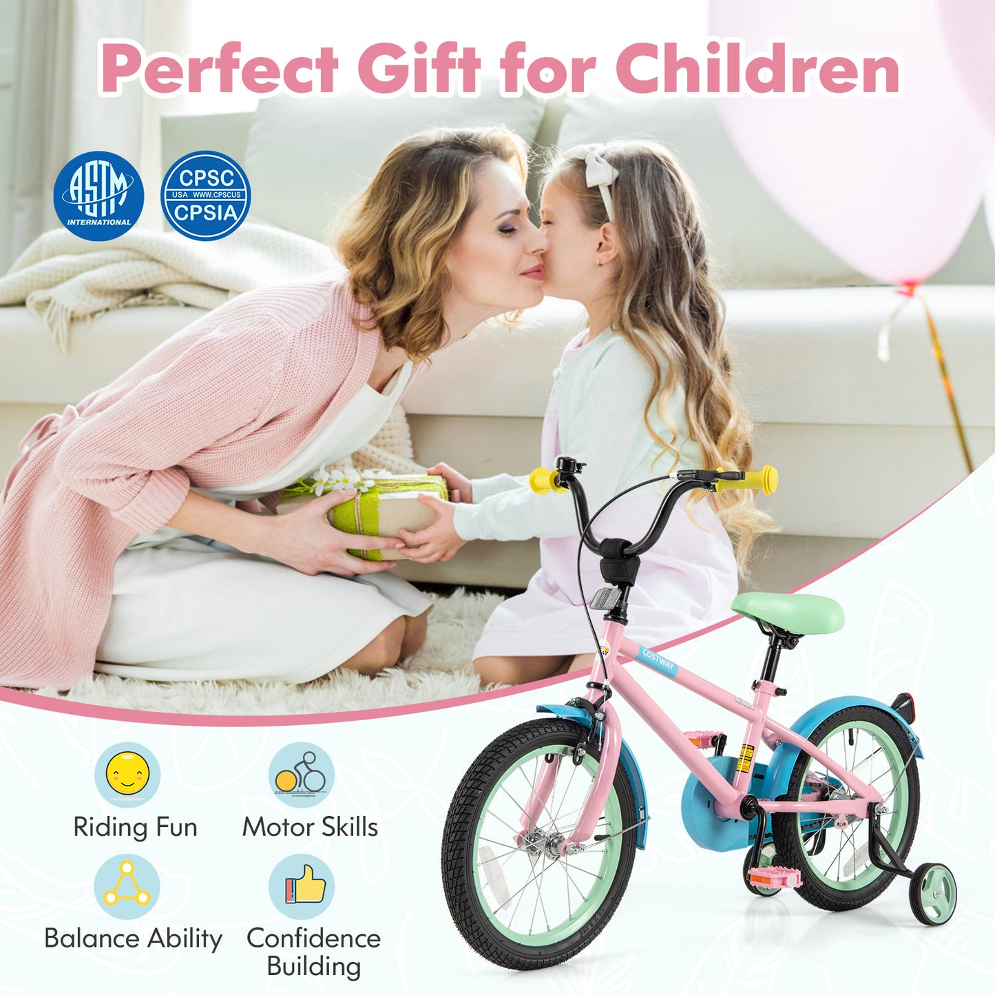 Kids Bike with Adjustable Handlebar and Saddle Pink-16 Inches Kids Crystal