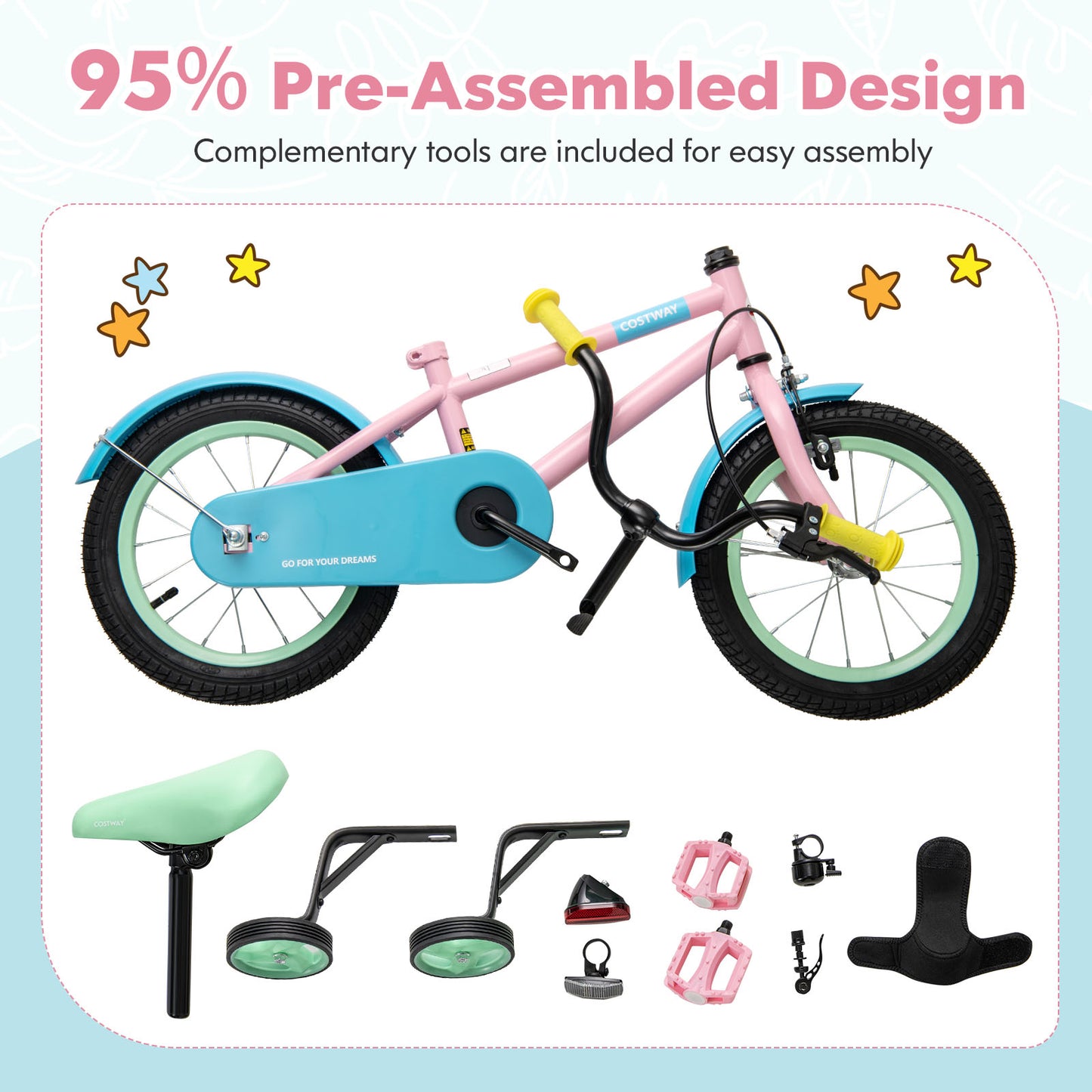 Kids Bike with Adjustable Handlebar and Saddle Pink-16 Inches Kids Crystal