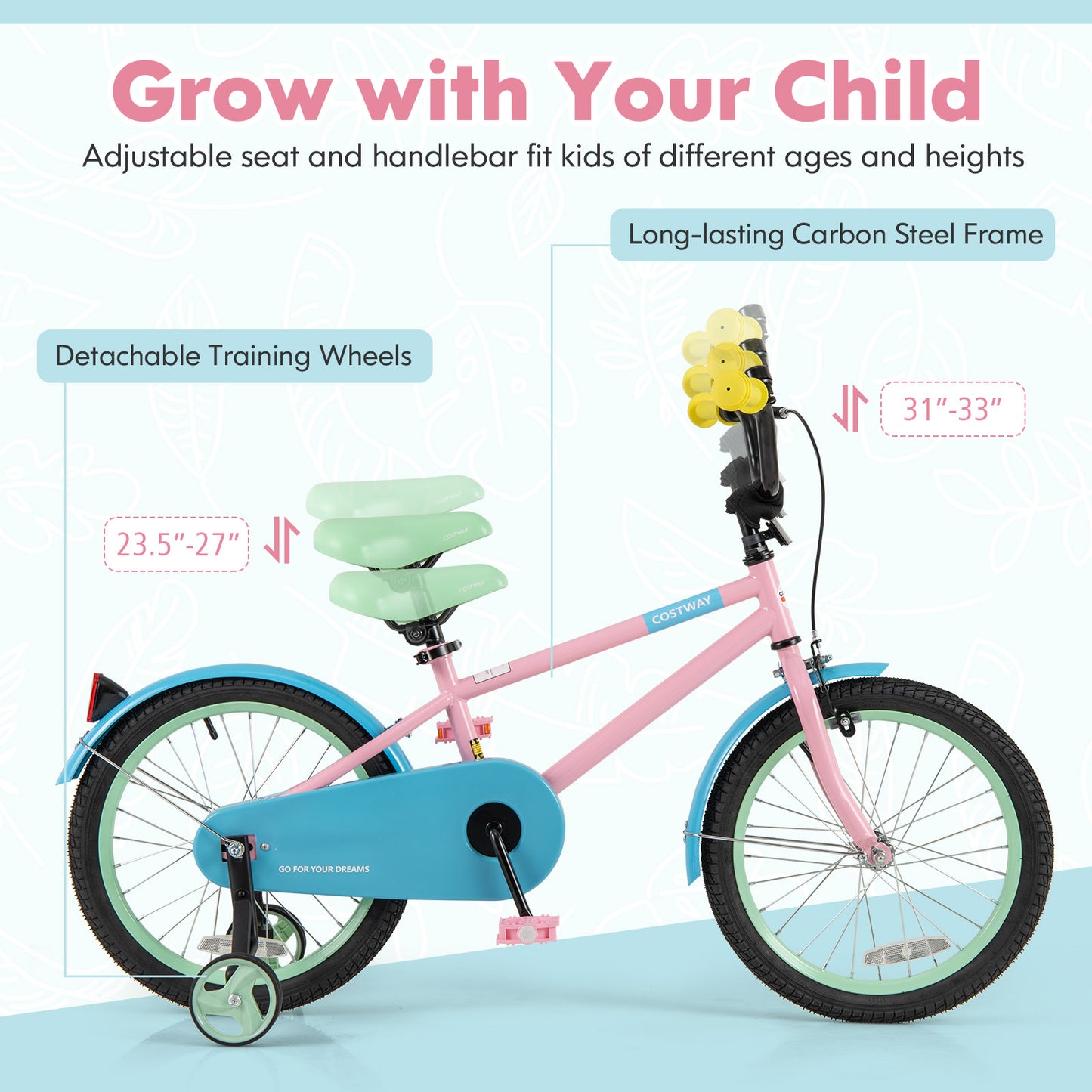 Kids Bike with Adjustable Handlebar and Saddle Pink-18 Inches Kids Crystal
