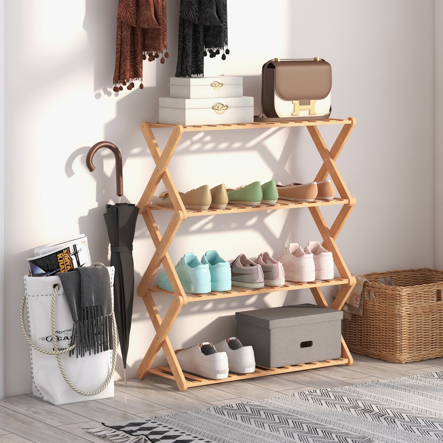4-Tier Foldable Bamboo Shoe Rack with Slatted Shelves-Natural Kids Crystal