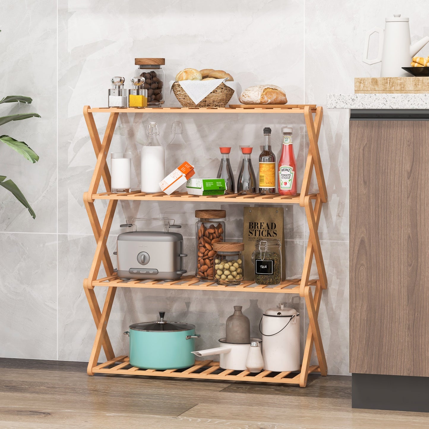 4-Tier Foldable Bamboo Shoe Rack with Slatted Shelves-Natural Kids Crystal