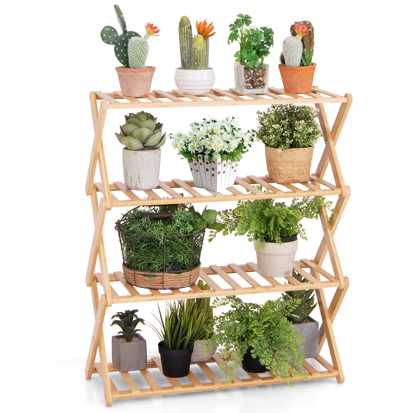 4-Tier Foldable Bamboo Shoe Rack with Slatted Shelves-Natural Kids Crystal