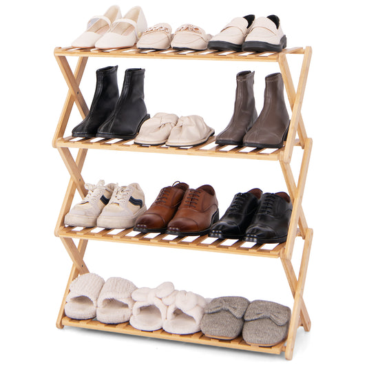 4-Tier Foldable Bamboo Shoe Rack with Slatted Shelves-Natural Kids Crystal