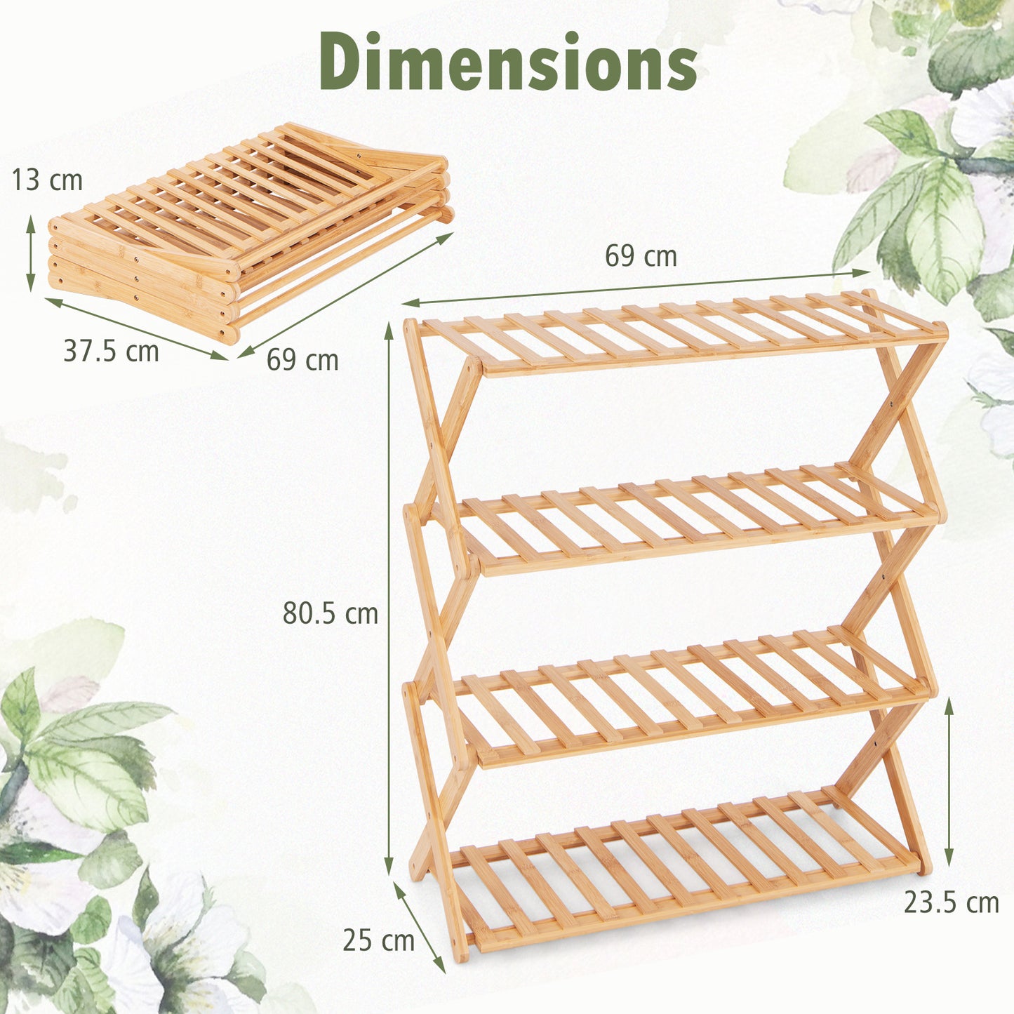 4-Tier Foldable Bamboo Shoe Rack with Slatted Shelves-Natural Kids Crystal
