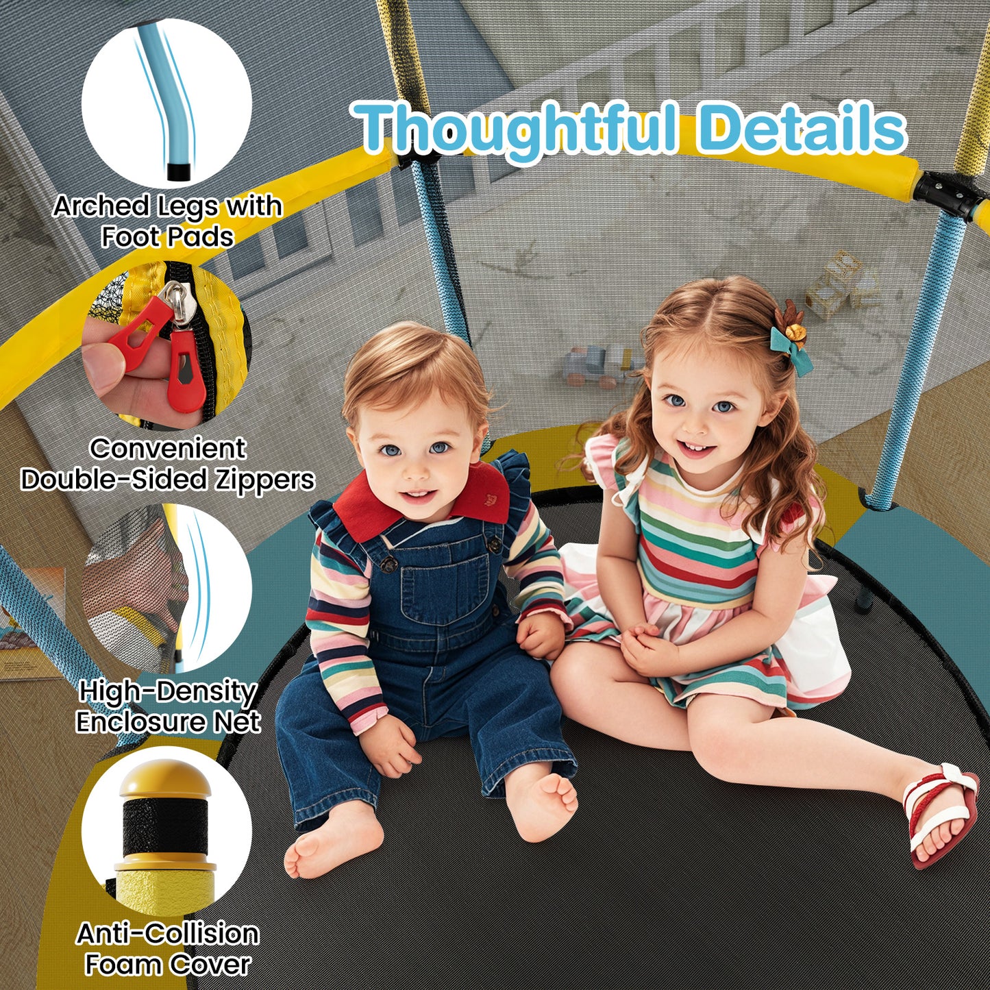 48 Inch Toddler Trampoline with Safety Enclosure Net-Yellow Kids Crystal