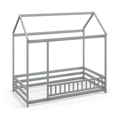 Twin Size Kids House Bed Wooden Floor Bed with Roof and Full-length Safety Guardrail-Gray