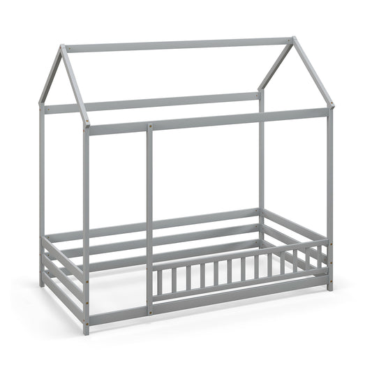 Twin Size Kids House Bed Wooden Floor Bed with Roof and Full-length Safety Guardrail-Gray Kids Crystal