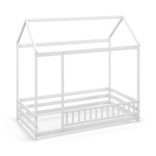 Twin Size Kids House Bed Wooden Floor Bed with Roof and Full-length Safety Guardrail-White Kids Crystal