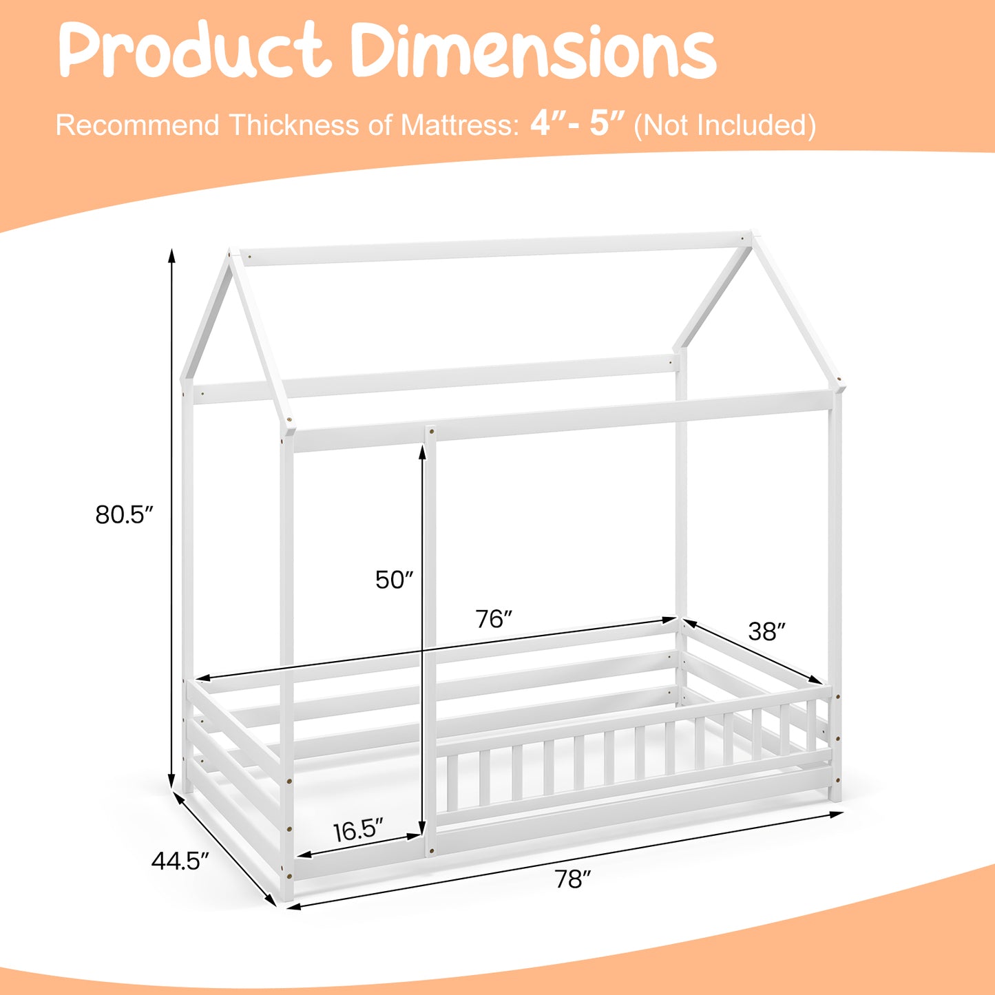 Twin Size Kids House Bed Wooden Floor Bed with Roof and Full-length Safety Guardrail-White Kids Crystal