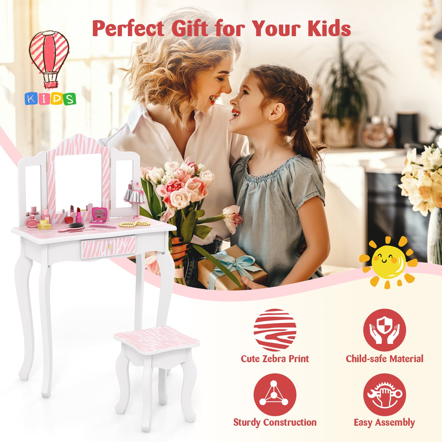 Kids Vanity Set with Drawer and 3 Makeup Accessories-Pink Kids Crystal