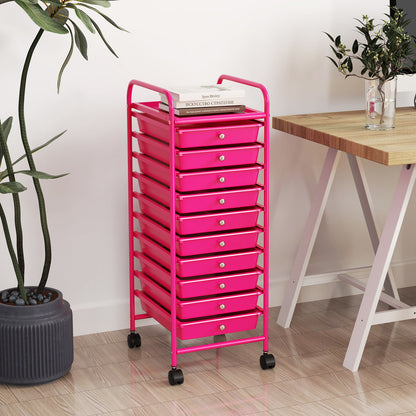 10 Drawer Rolling Storage Cart Organizer with 4 Universal Casters-Pink