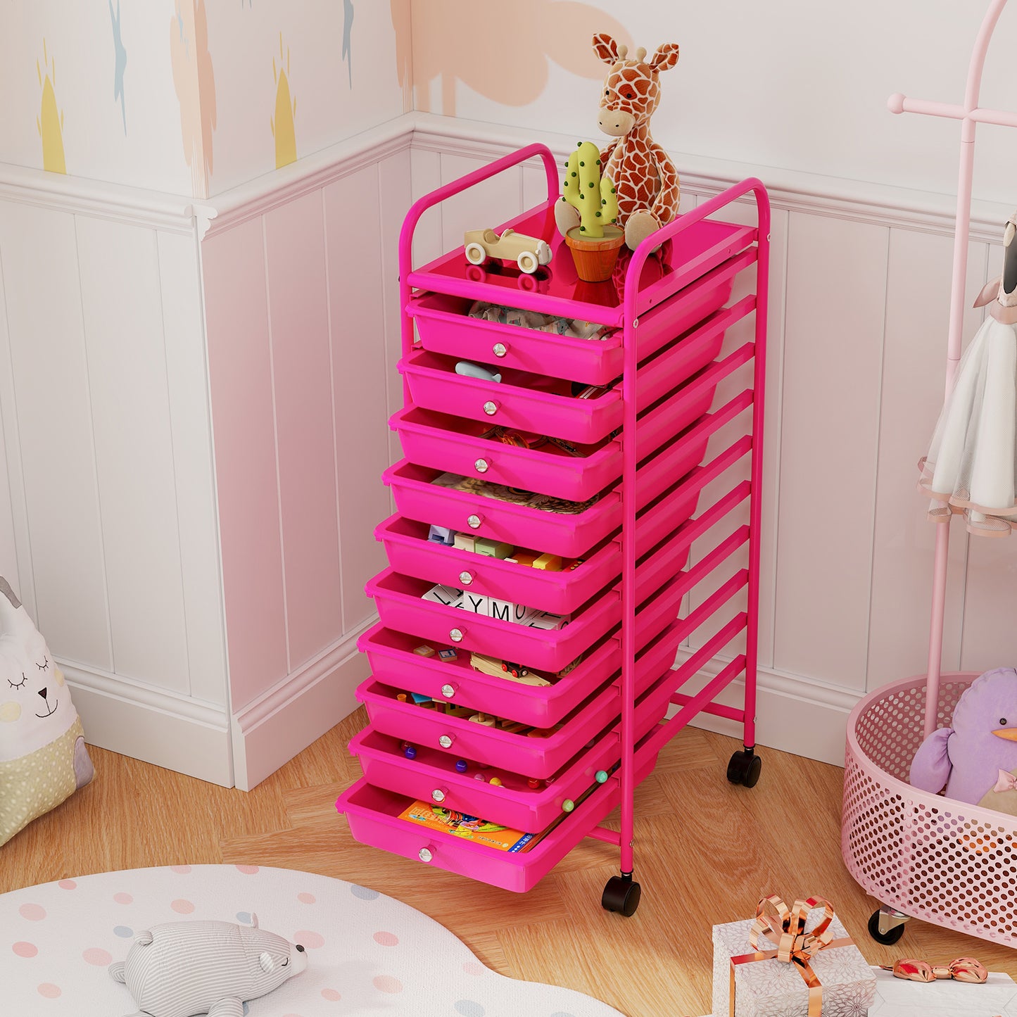 10 Drawer Rolling Storage Cart Organizer with 4 Universal Casters-Pink Kids Crystal