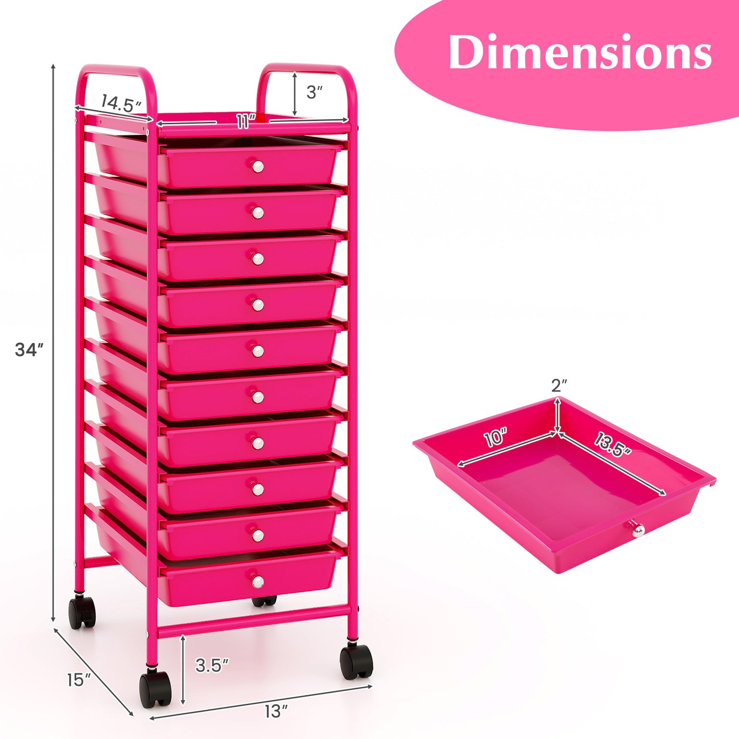10 Drawer Rolling Storage Cart Organizer with 4 Universal Casters-Pink Kids Crystal