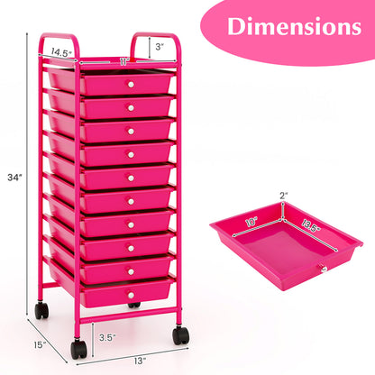 10 Drawer Rolling Storage Cart Organizer with 4 Universal Casters-Pink