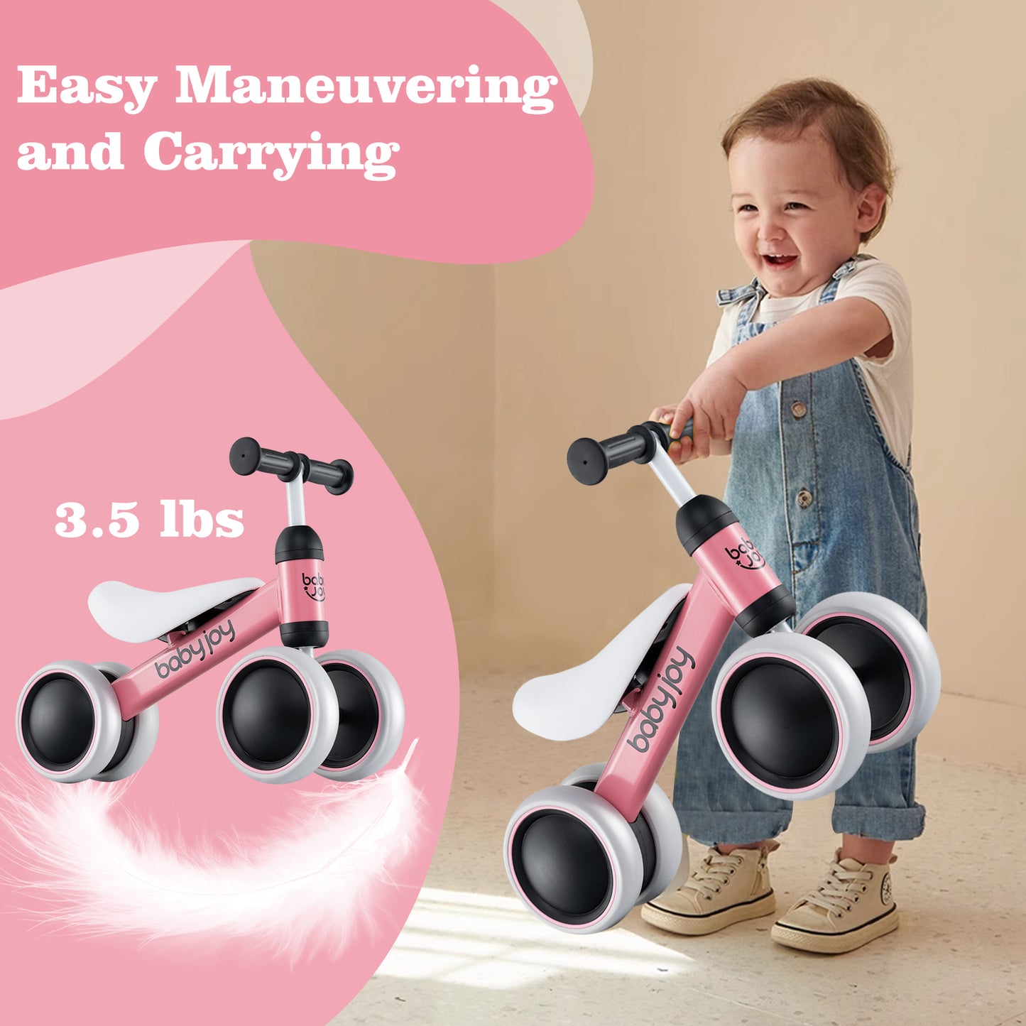 Baby Balance Bike for 2 Years Old Boys Girls No Pedal 4 Wheels-Pink Kids Crystal