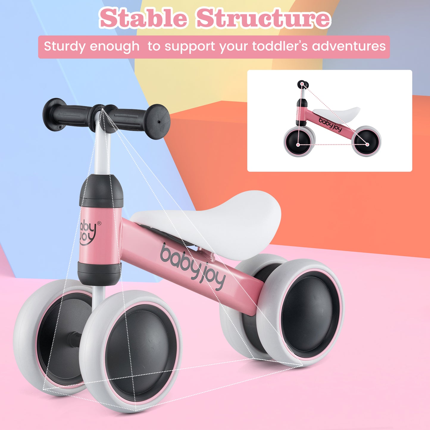 Baby Balance Bike for 2 Years Old Boys Girls No Pedal 4 Wheels-Pink Kids Crystal