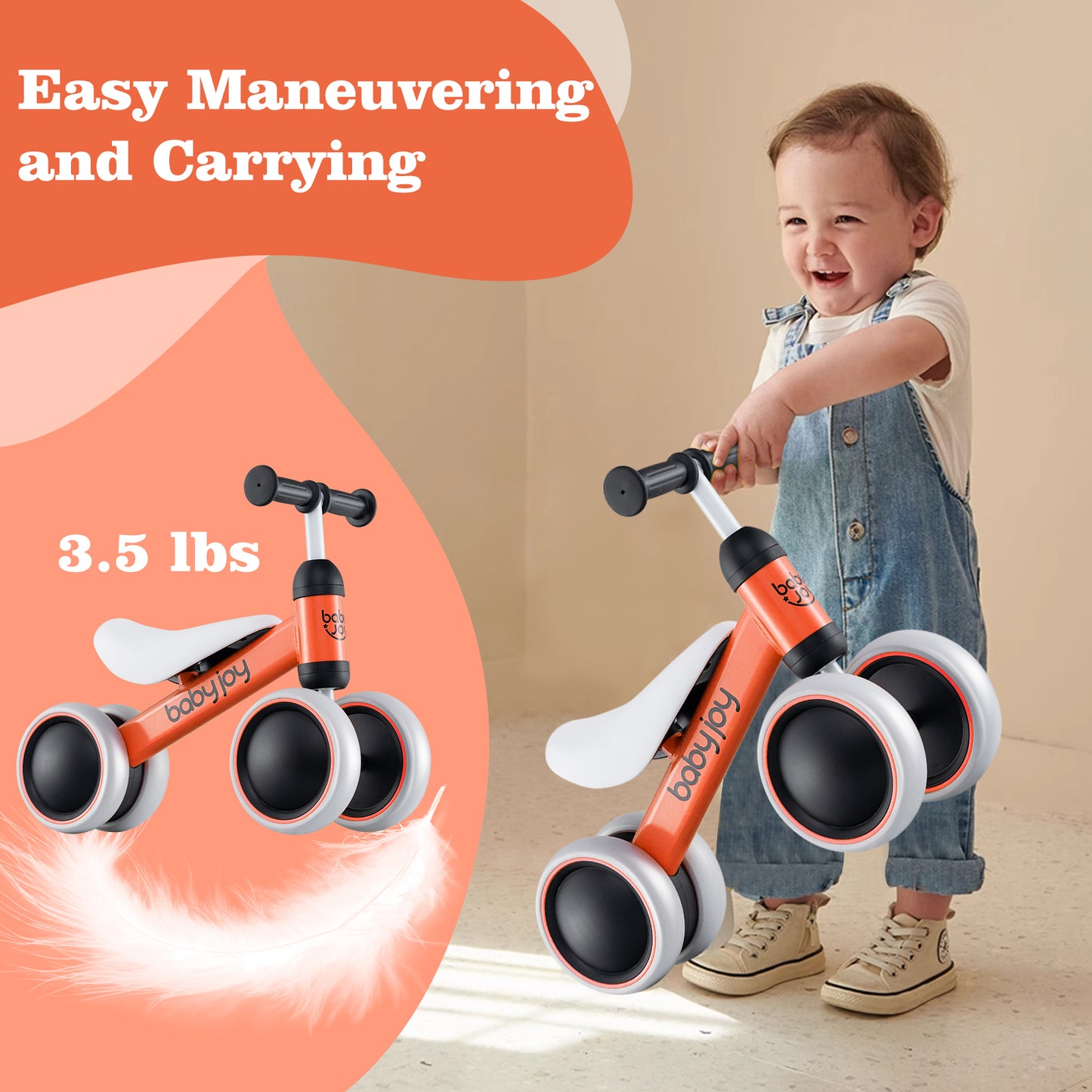 Baby Balance Bike for 2 Years Old Boys Girls No Pedal 4 Wheels-Orange Kids Crystal