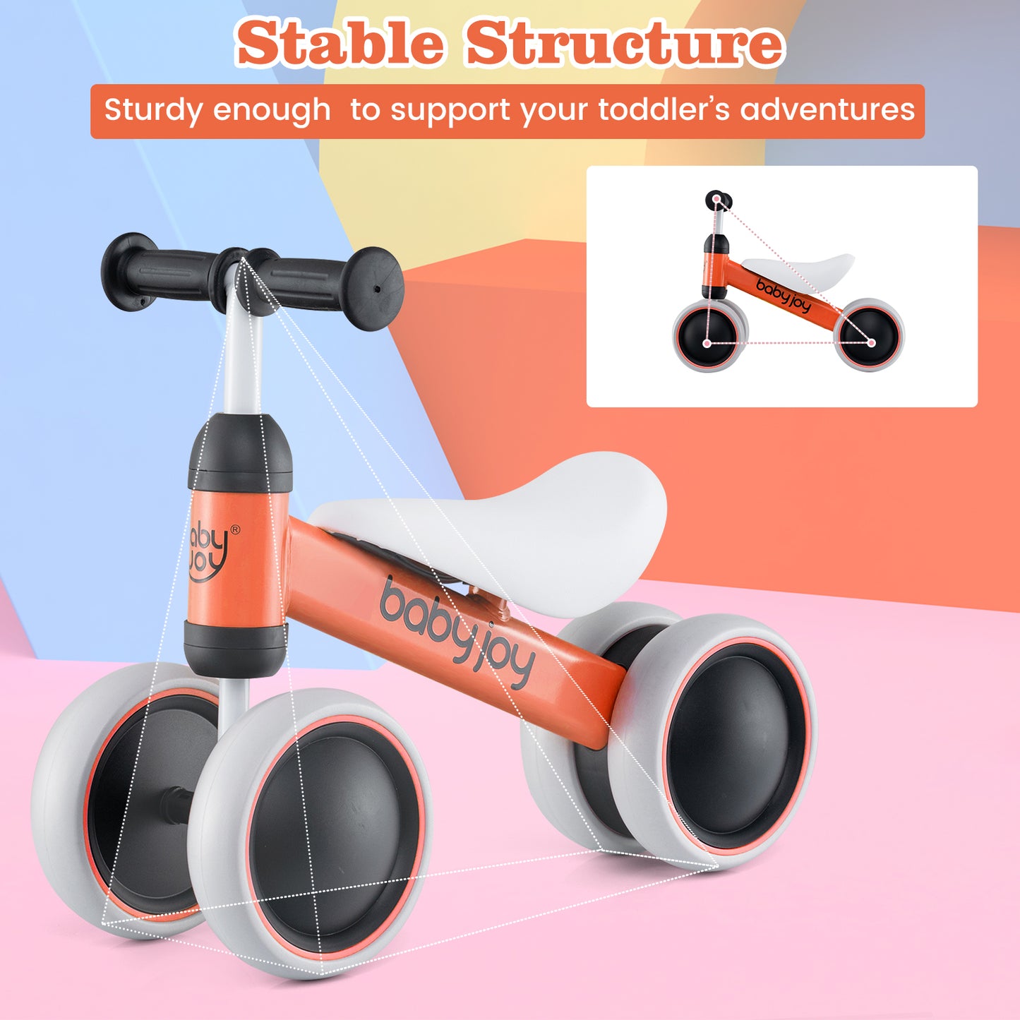 Baby Balance Bike for 2 Years Old Boys Girls No Pedal 4 Wheels-Orange Kids Crystal