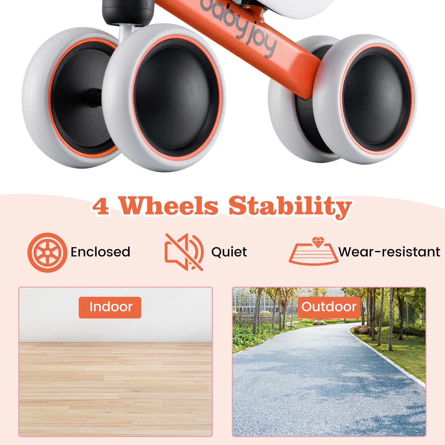 Baby Balance Bike for 2 Years Old Boys Girls No Pedal 4 Wheels-Orange Kids Crystal