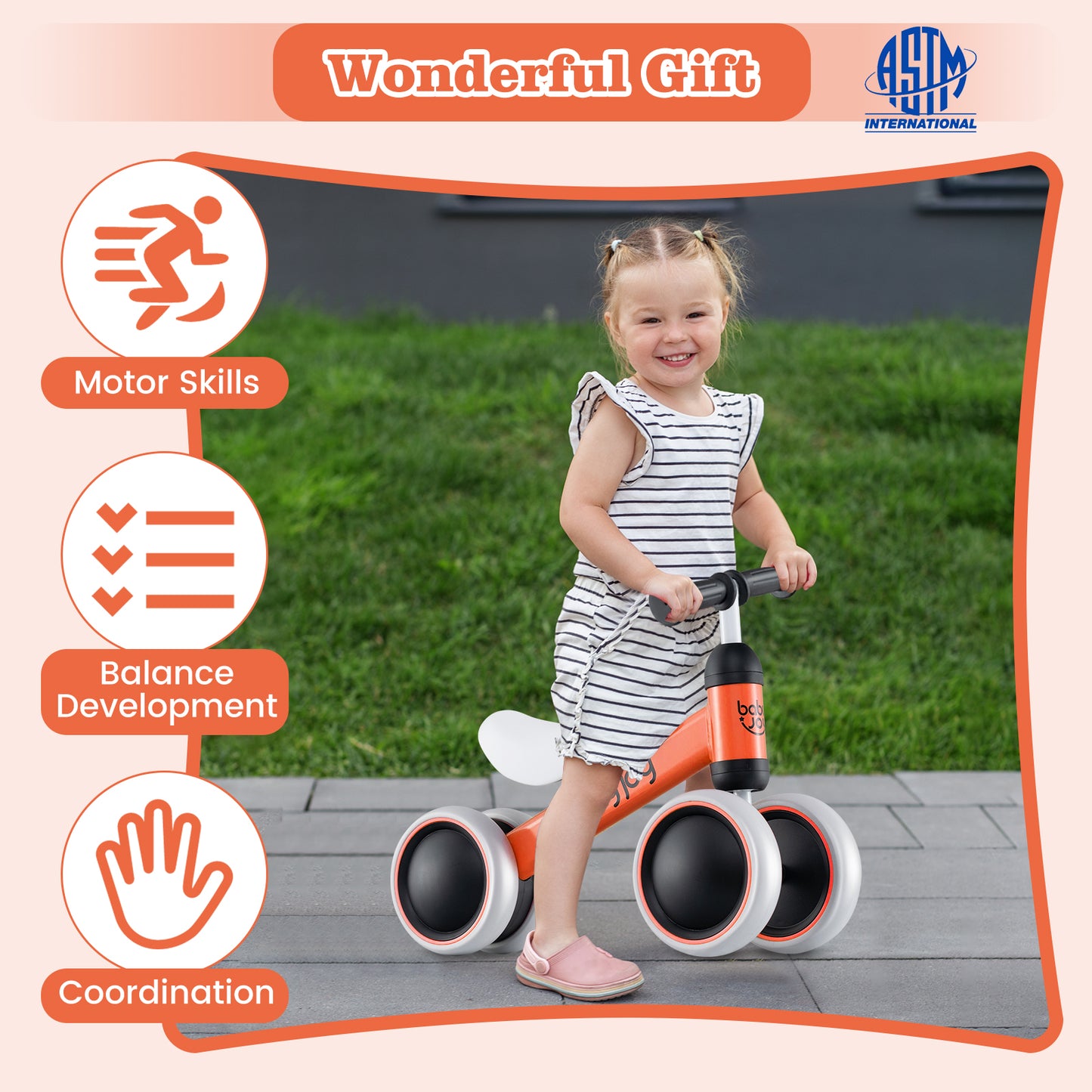 Baby Balance Bike for 2 Years Old Boys Girls No Pedal 4 Wheels-Orange Kids Crystal