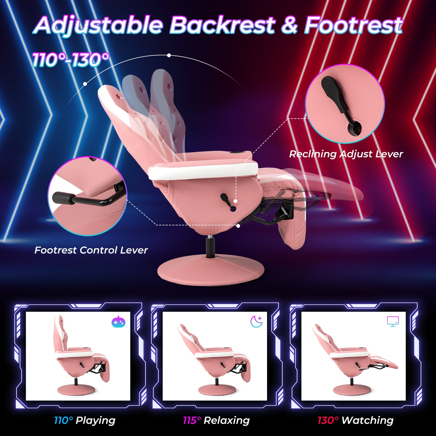 Massage Video Gaming Recliner Chair with Adjustable Height-Pink Kids Crystal