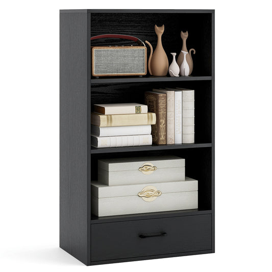 48 Inch Tall 4 Tiers Wood Bookcase with Drawer-Black Kids Crystal