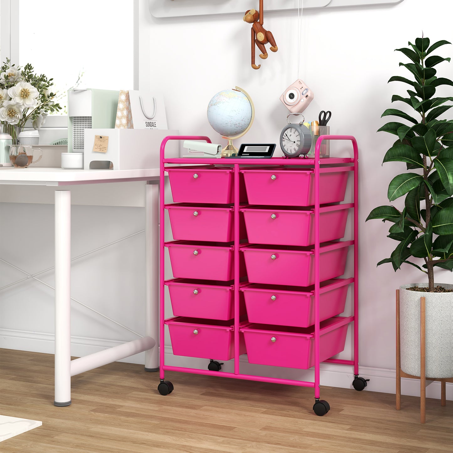 10-Drawer Rolling Storage Cart-Pink Kids Crystal
