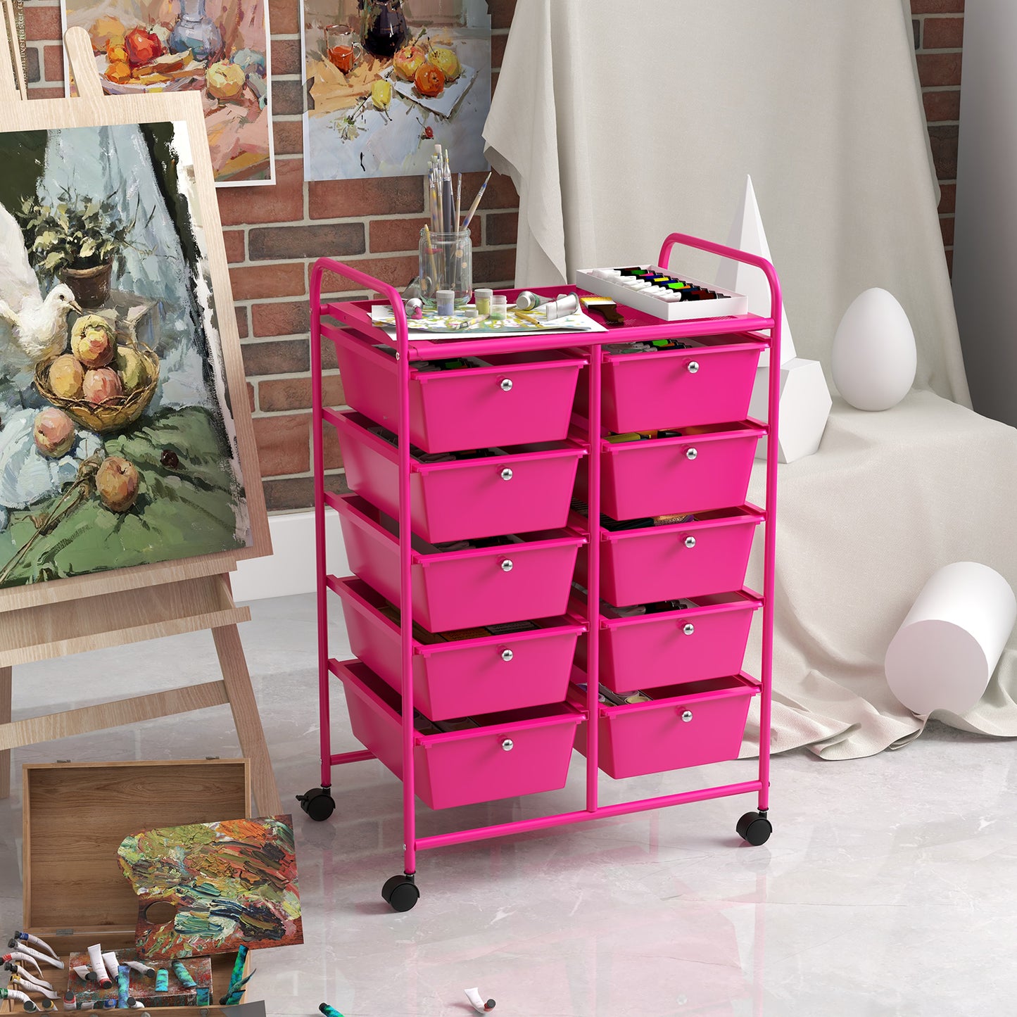 10-Drawer Rolling Storage Cart-Pink Kids Crystal