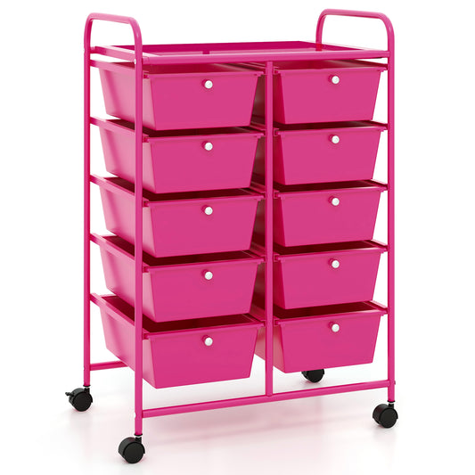 10-Drawer Rolling Storage Cart-Pink Kids Crystal